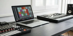 A producer uses a free AI beat maker on a laptop to create a new beat.