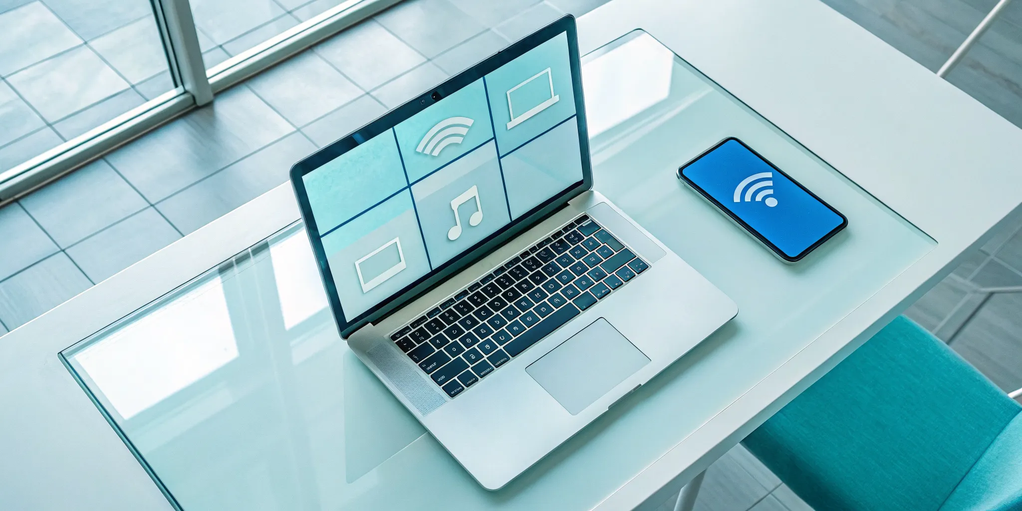 Laptop and smartphone displaying a radio player interface to find a stream URL.