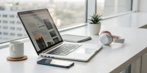 Listening to free online radio on a laptop with headphones in a modern workspace.