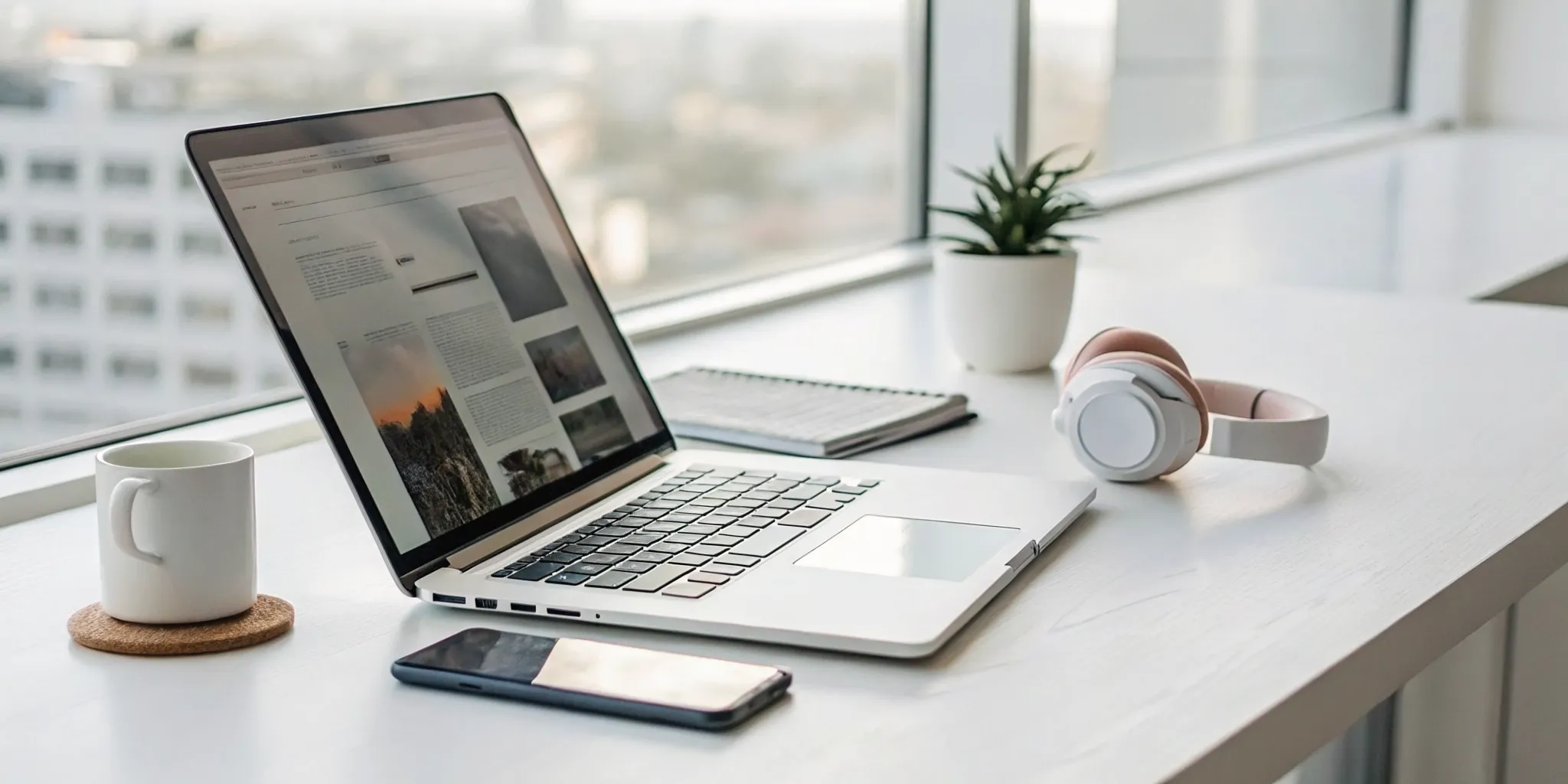 Listening to free online radio on a laptop with headphones in a modern workspace.