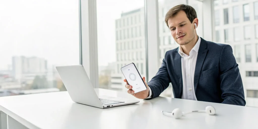 Man listening to the radio on his phone for free.