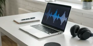 An artist prepares to send music to radio stations using a laptop and headphones.