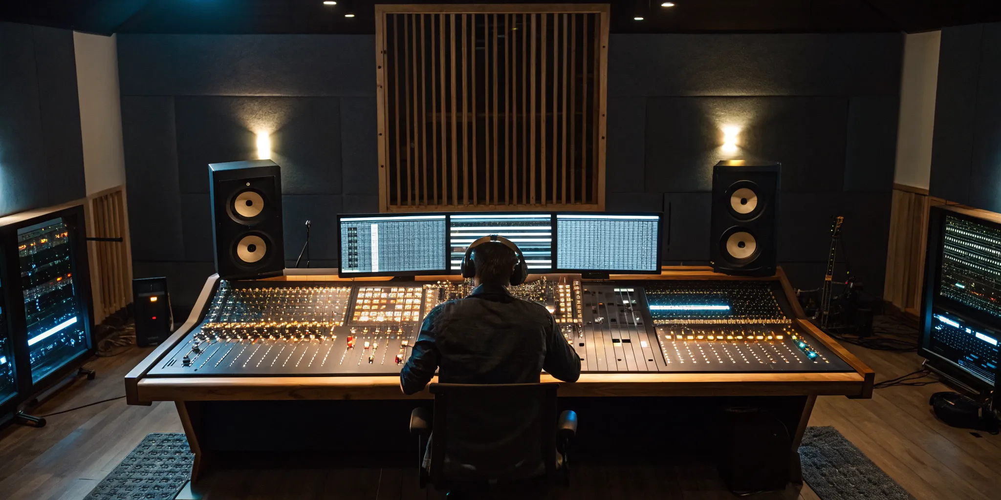 Audio engineer at a mixing console providing professional online mixing and mastering.