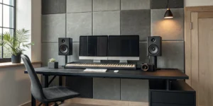 A modern studio setup for using the best AI audio mastering tools.