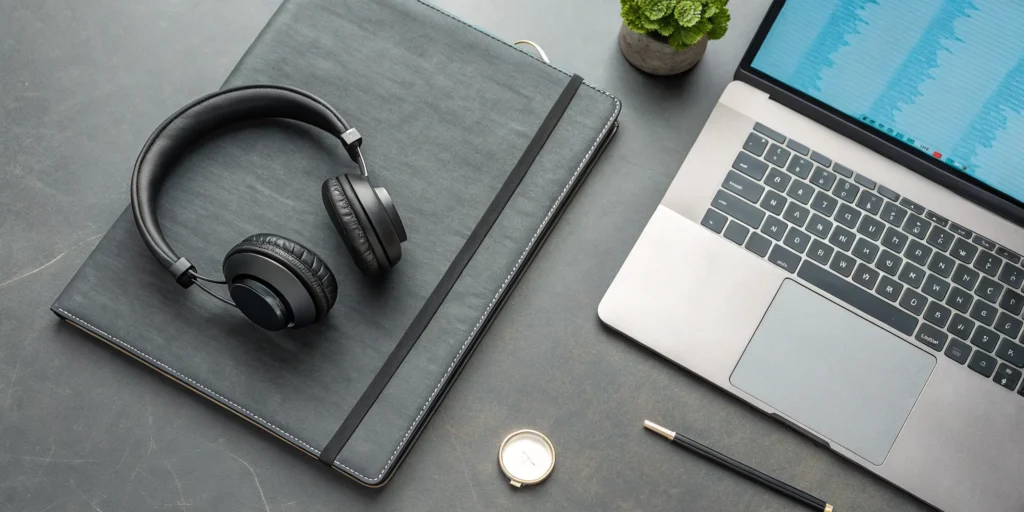 A creator researches music licensing on a laptop with headphones and a notebook.