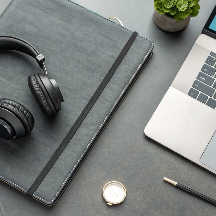 A creator researches music licensing on a laptop with headphones and a notebook.
